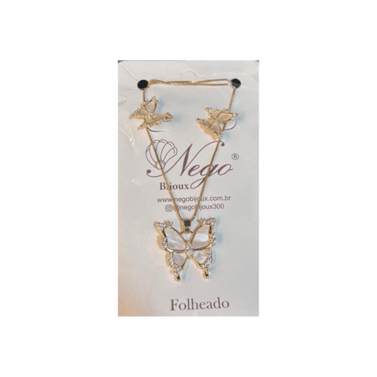 AROS - BIJU CONJUNTO FOLHEADO BORBOLETA CRISTAL COM MADRE PÉROLA DOURADO