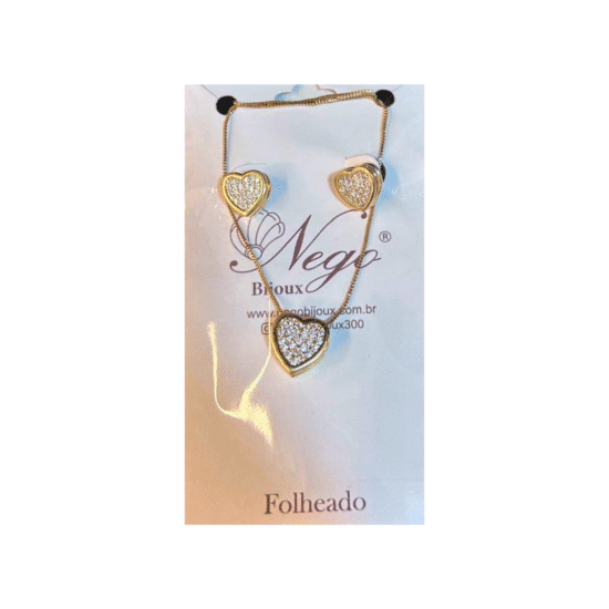 AROS - BIJU (3) CONJUNTO FOLHEADO CORAÇÃO CRAVEJADO DOURADO