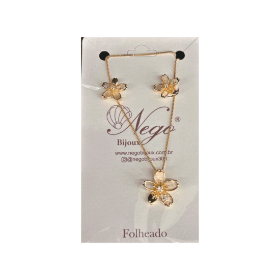 AROS - BIJU (4) CONJUNTO FOLHEADO FLOR CRISTAL COM MADRE PÉROLA DOURADO